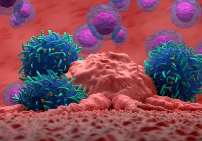 3D rendered immune cells attacking a cancer cell, with stem cells in the background.